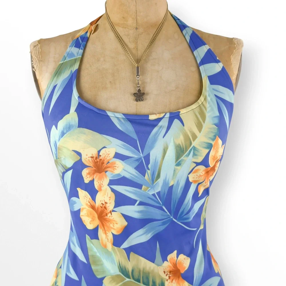 Vintage Y2K Tropical Floral Swim Halter Top Hibiscus Open Back Coconut Girl Sz L